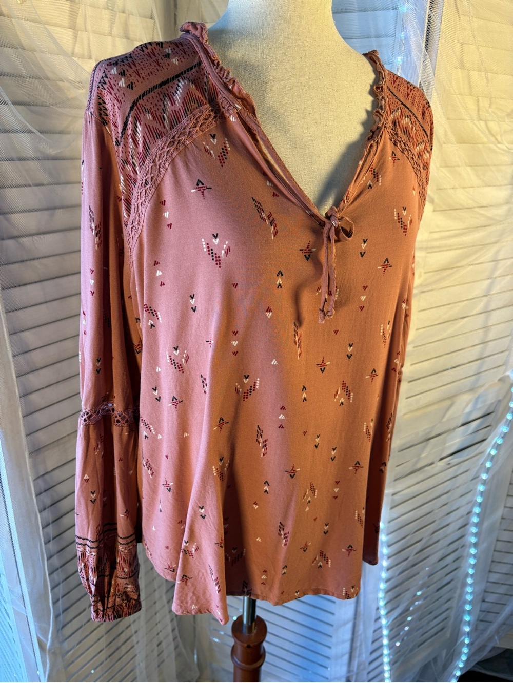 Maurices Dusty Rose Printed Tie-Front Blouse - Picture 2 of 6